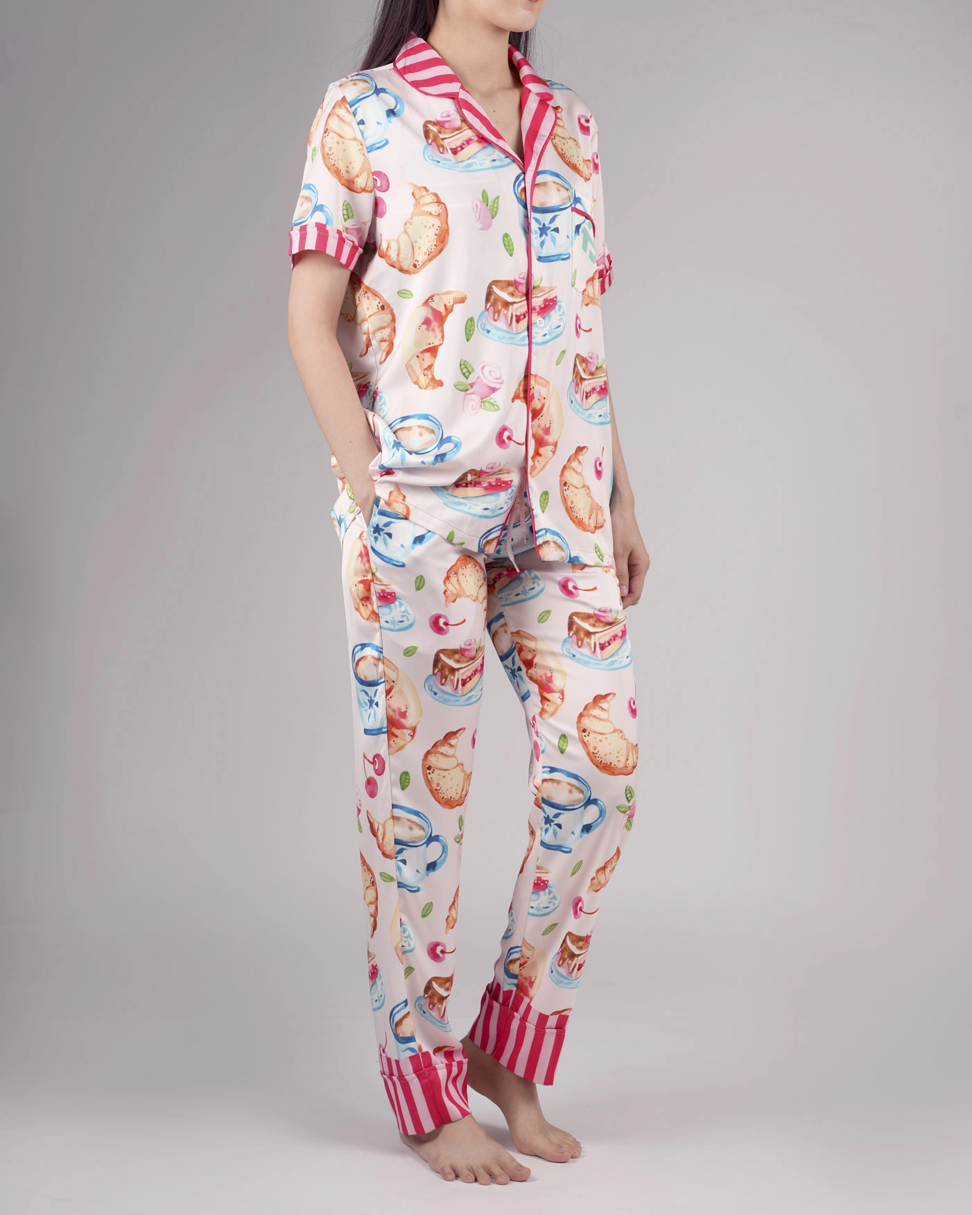 All-over Print Satin Short-Sleeve Pajamas Set with Long Pants