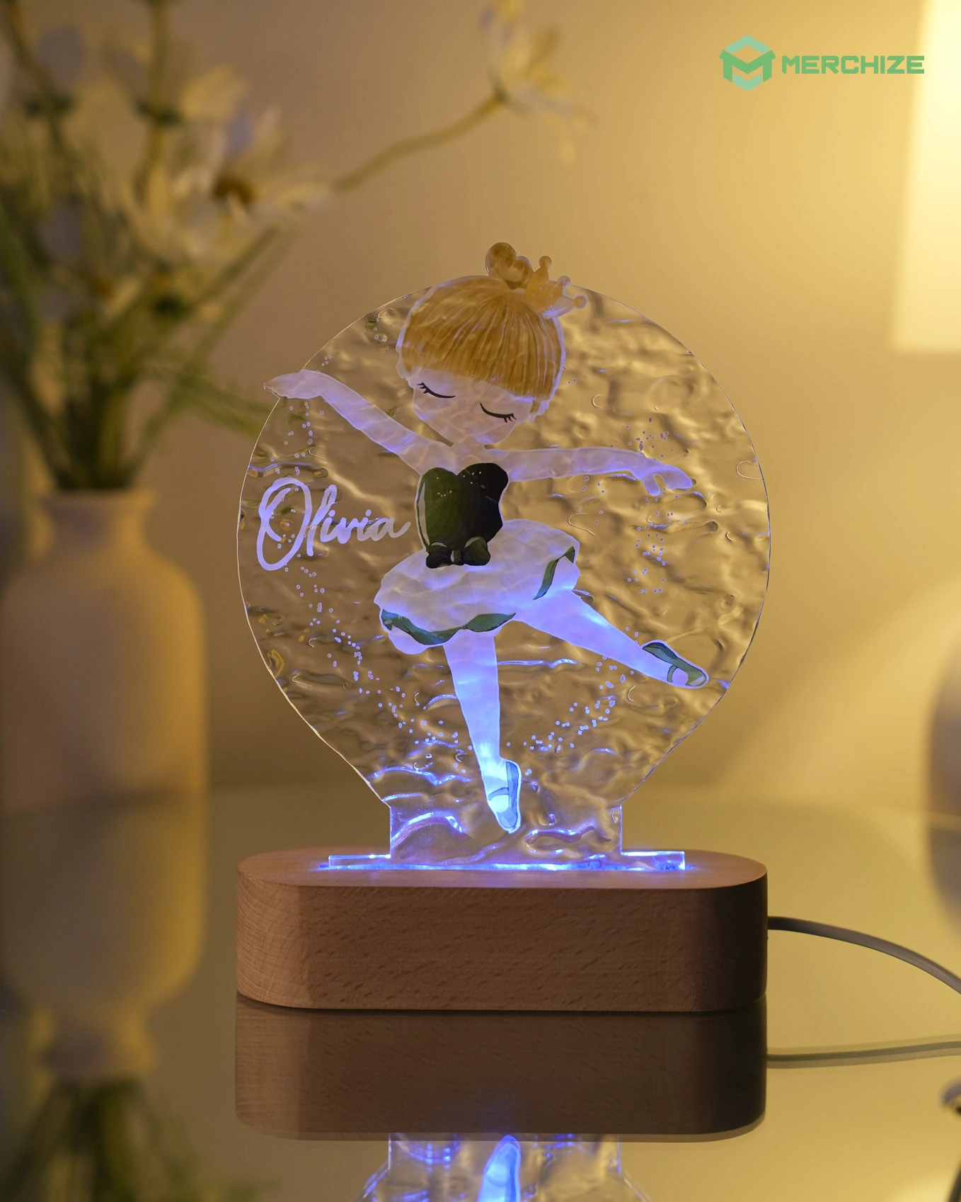 Engraved Custom Shape Wavy Acrylic Photo Night Light (Beech wood base)