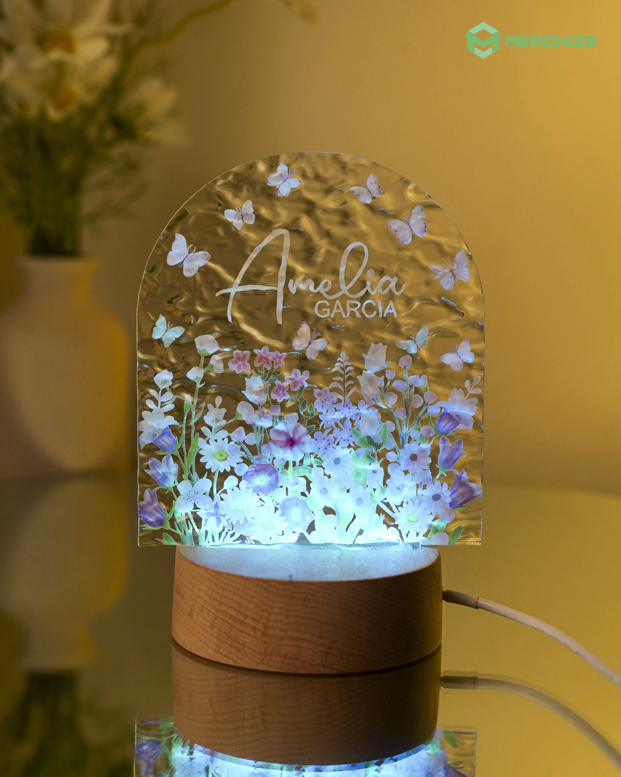 Engraved Custom Shape Wavy Acrylic Photo Night Light (Beech wood base)