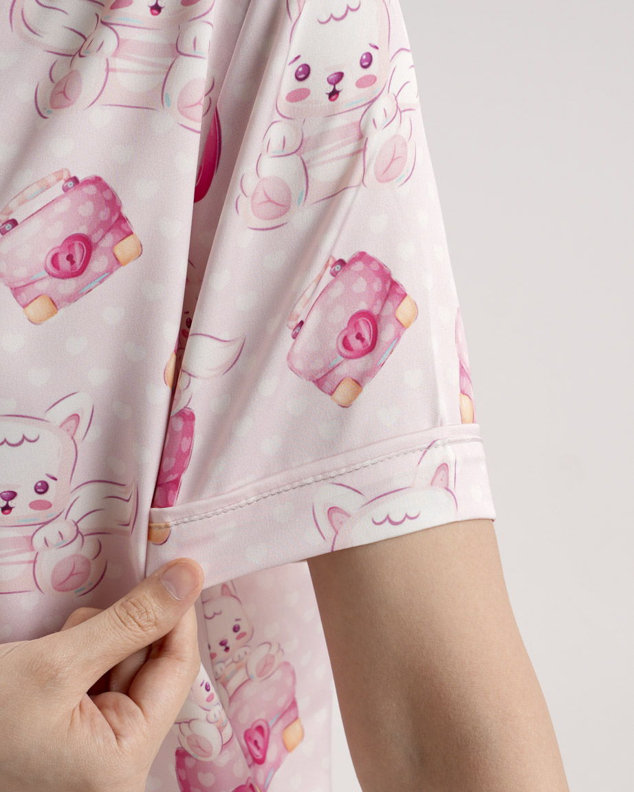 All-over Print Satin Short-Sleeve Pajamas Set (No Pocket)